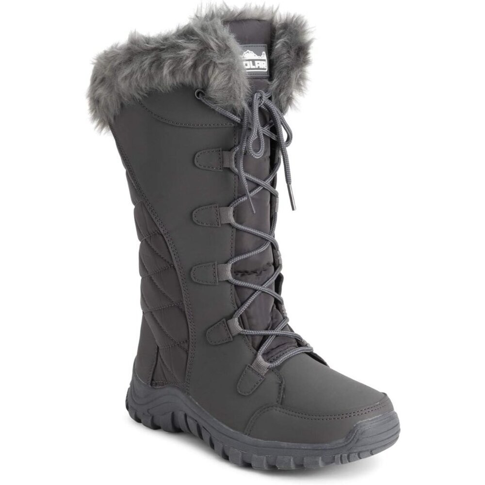 〽️Women's Gray Polar Quilted Winter Duck Boots Faux Fur Cuff Outdoor Rain Boots - Picture 2 of 9